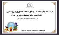 برنامه کشیک نوروزی مراکز خدمات جامع سلامت شهری و روستایی شهرستان بندرعباس در نوروز سال ۱۴۰۵